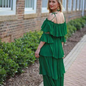 Green Pleated Midi Dress Off Shoulder